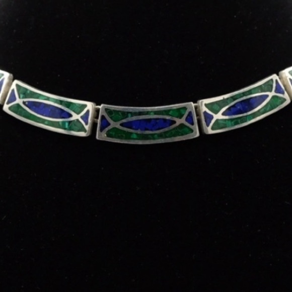 Vintage .925 Sterling Silver Choker Inlay necklace Lazuli Lapis & Malachite 90s - Picture 2 of 16